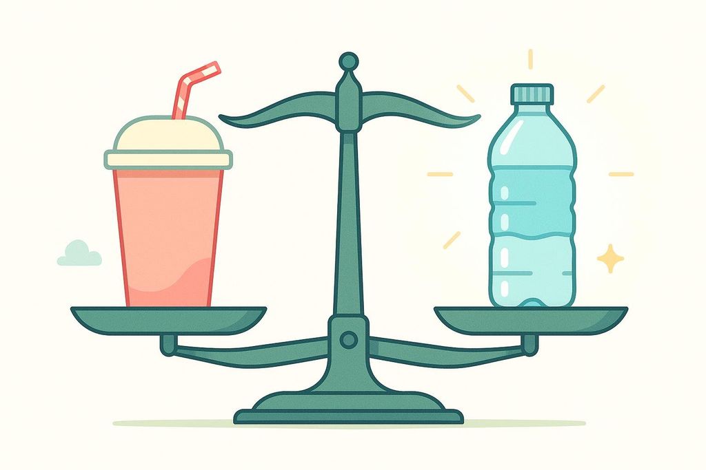 An illustration showing a balance scale with a bottled water on one side, which is higher up and shimmering, and a large shake in a cup with a straw on the other side, which is lower, indicating the water is lighter or better. The water bottle has radiant lines around it and a star, symbolizing its positive attributes relative to the shake.