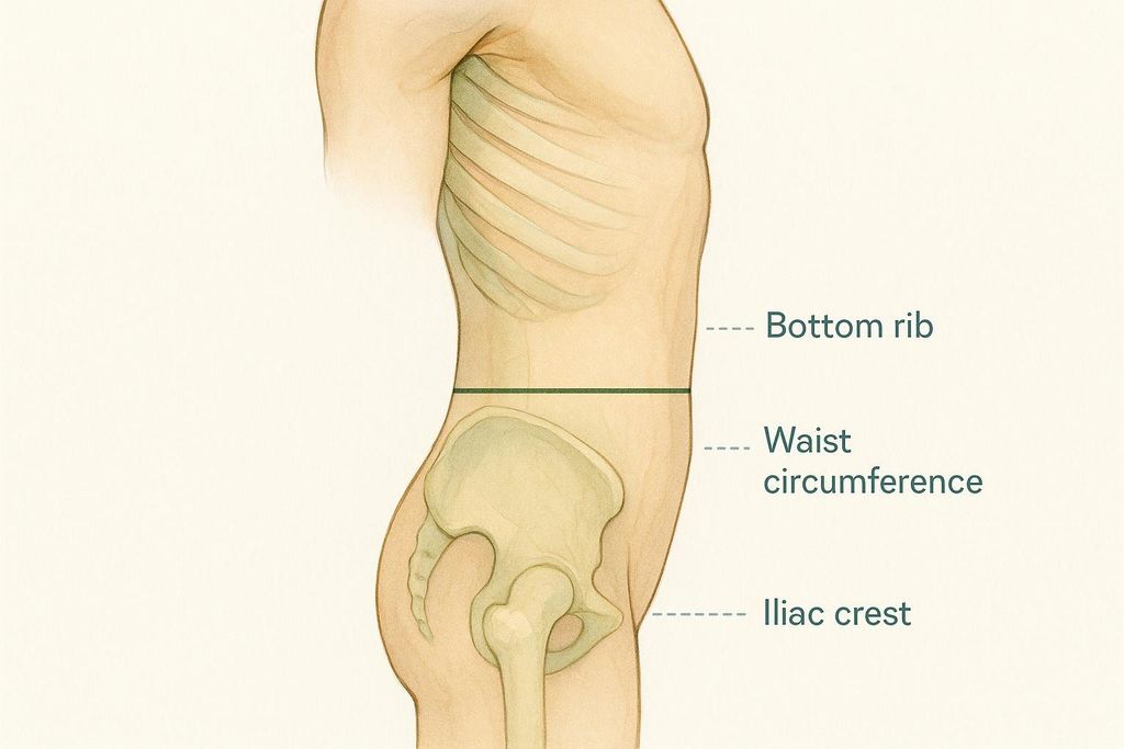 An anatomical illustration showing the correct placement for a waist circumference measurement, between the bottom rib and the iliac crest (hip bone).