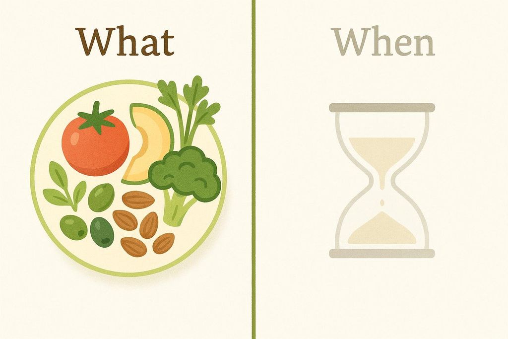 An illustration comparing two dietary approaches. On the left, under the word 'What', a plate is filled with healthy foods like tomatoes, avocado, broccoli, olives, and nuts, representing the Fasting-Mimicking Diet's focus on food content. On the right, under the word 'When', an hourglass symbolizes Intermittent Fasting's emphasis on timing meals.