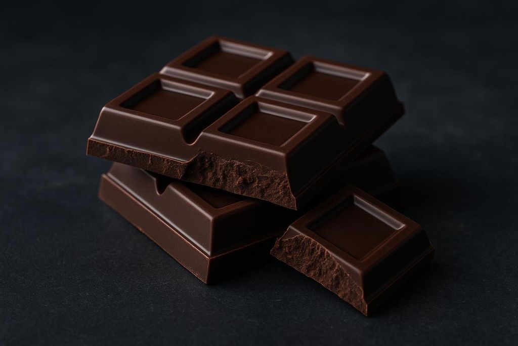 A stack of two large dark chocolate squares with a single broken-off square in front. The chocolate pieces are rich brown with slight sheen, and the broken edges show a textured, matte surface. They rest on a dark, textured background.