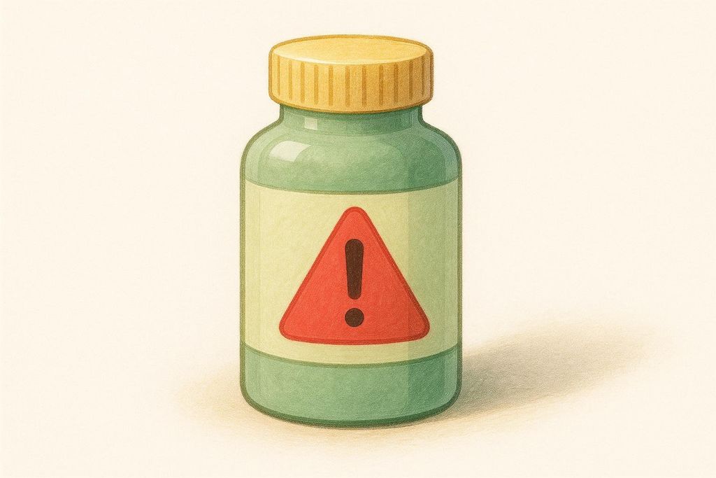 An illustration of a medicine bottle with a warning symbol, representing the risk of counterfeit products.