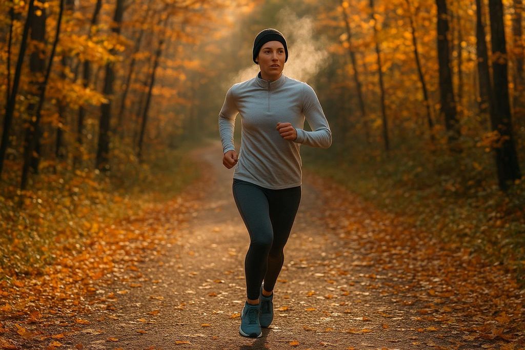 A female jogger runs along a leafy path in an autumn forest, wearing a black beanie, a grey long-sleeved top, and dark leggings. Her breath creates a visible mist in the cool air.