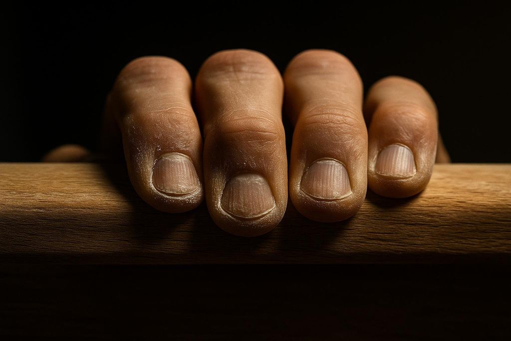 A dramatic close-up of a climber's fingers straining to hold onto a narrow edge of a wooden hangboard, with visible chalk on the fingertips and raw-looking cuticles. The lighting highlights the texture of the skin and wood against a dark background.
