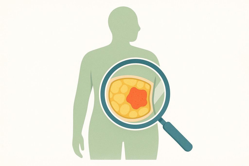 Diagram showing magnified layers of fat within a human silhouette.