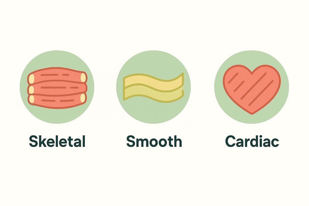 Three circular icons with a light green background, depicting different muscle tissues. From left to right: skeletal muscle (red, striped tubes), smooth muscle (yellow, wavy bands), and cardiac muscle (a red heart with stripes).