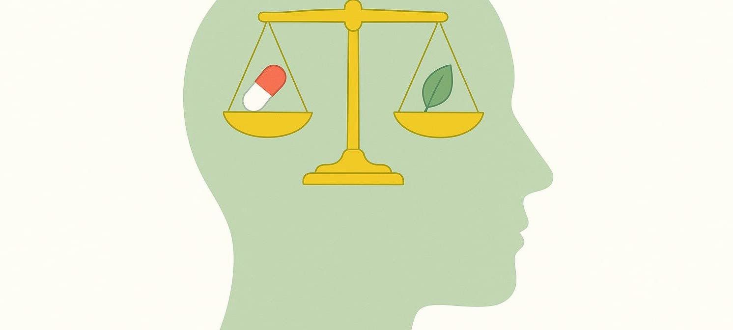 Illustration showing a human head in profile with a golden balance scale inside. On the left side of the scale is an orange and white pill, and on the right side is a green leaf, symbolizing the balance between conventional medicine and natural remedies for health.