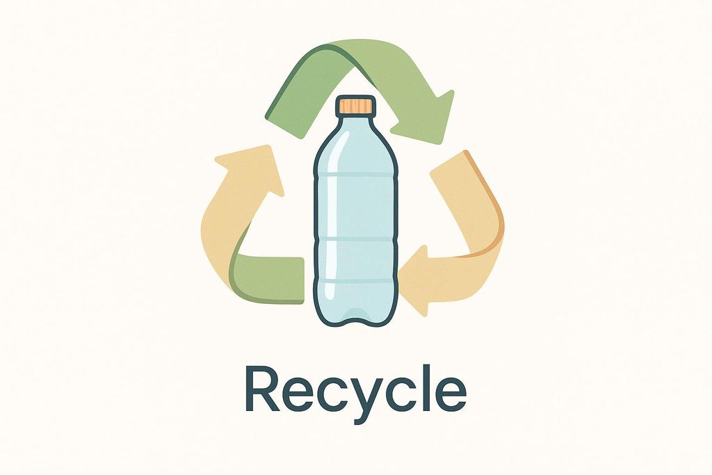 A vector illustration depicting a clear plastic bottle at the center of a green and tan recycling symbol. Below the symbol, the word 'Recycle' is written in dark gray.