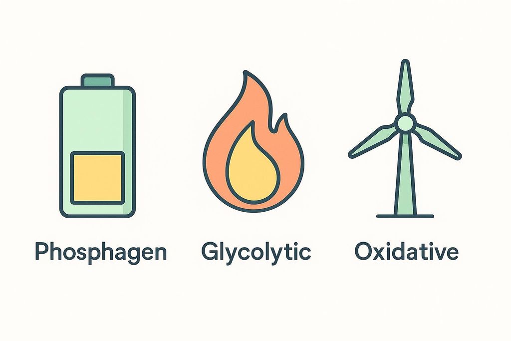 A diagram illustrating the three metabolic energy pathways: Phosphagen represented by a battery, Glycolytic by a flame, and Oxidative by a wind turbine.