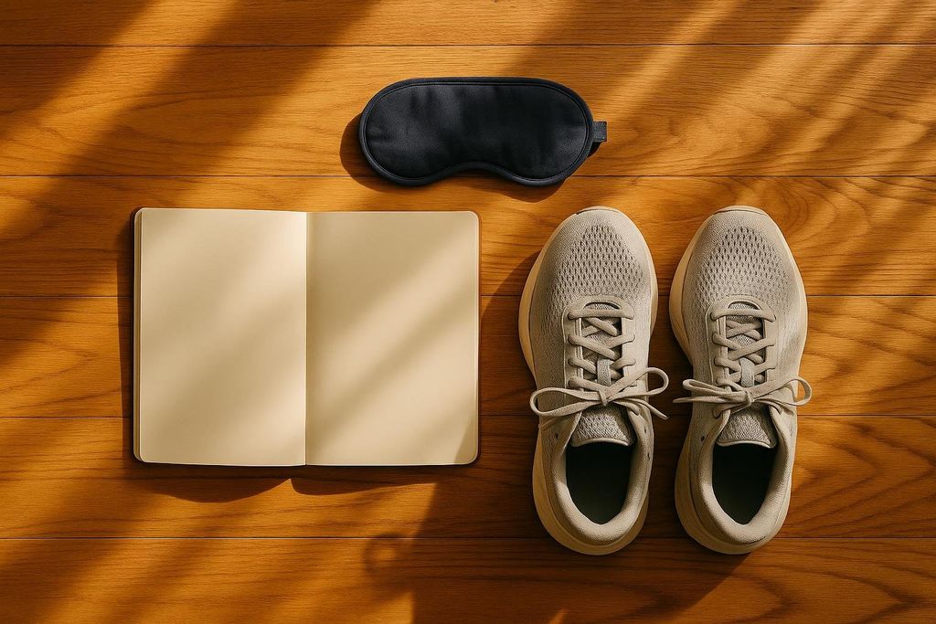 An overhead shot of a light brown wooden floor with an open blank notebook, a black sleep mask, and a pair of light gray running shoes, all neatly arranged. Sunlight casts shadows from an unseen window.