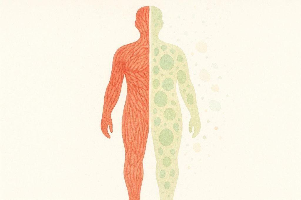 An abstract illustration of a human silhouette split down the middle. One side, colored red, shows textured lines representing muscle. The other side, colored light green, is filled with various sized green circles, representing body fat. The background is a very light cream color with faded, scattered pastel circles.