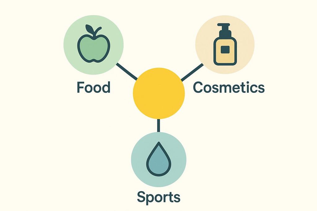 Diagram illustrating the applications of glycerol in three categories: Food (represented by an apple icon), Cosmetics (represented by a lotion bottle icon), and Sports (represented by a water drop icon). A central yellow circle connects to each category, signifying glycerol's role.