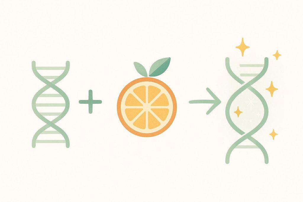 An illustration depicting a DNA helix and a plus sign, an orange slice, and then an arrow pointing to a shining DNA helix, symbolizing vitamin C (orange) enhancing collagen (DNA helix) synthesis, resulting in a more vibrant and supportive collagen structure.