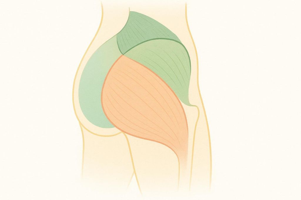Simplified illustration of the three main glute muscles: maximus, medius, and minimus shown as distinct shapes.