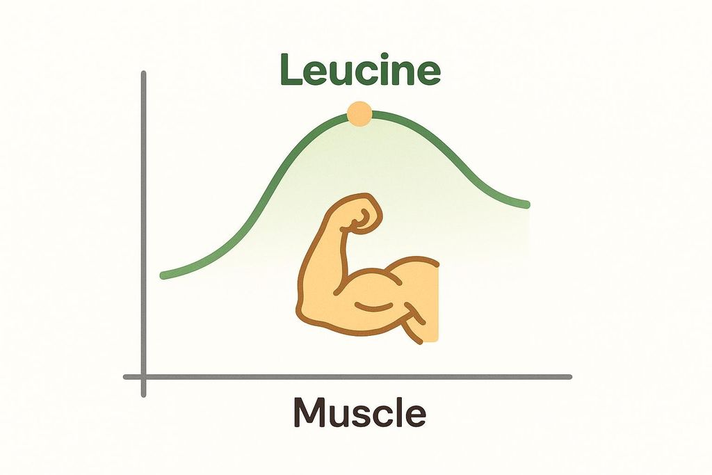 A line graph showing that leucine levels peak to support muscle building, with a flexing arm icon positioned at the peak of the curve. The x-axis is labeled 'Muscle' and the y-axis indicates 'Leucine' at its top.