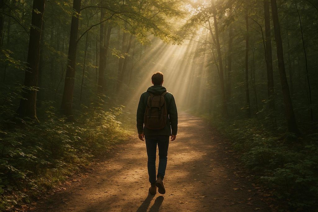 A man with a backpack walks away from the camera down a sunlit forest trail.