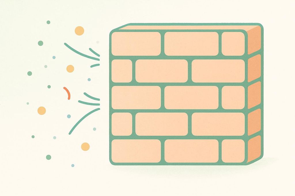 An illustration of a brick wall symbolizing the skin's protective barrier preventing substances from entering. Colorful particles and lines are shown repelled by the brick wall.
