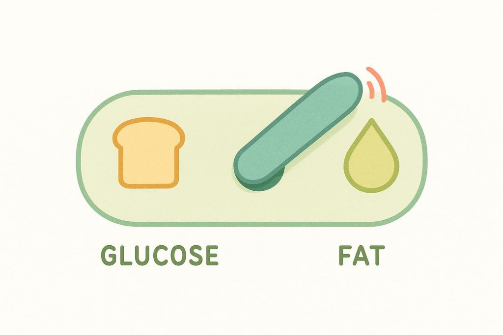 Illustration showing a metabolic switch moving from glucose (represented by a slice of bread) to fat (represented by a drop of oil) as an energy source, indicating a key mechanism of the OMAD diet.