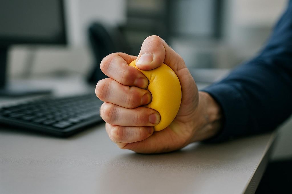 Close-up of a hand squeezing a bright yellow stress ball on an office desk, with a blurred keyboard and monitor in the background. The person is wearing a dark blue shirt.