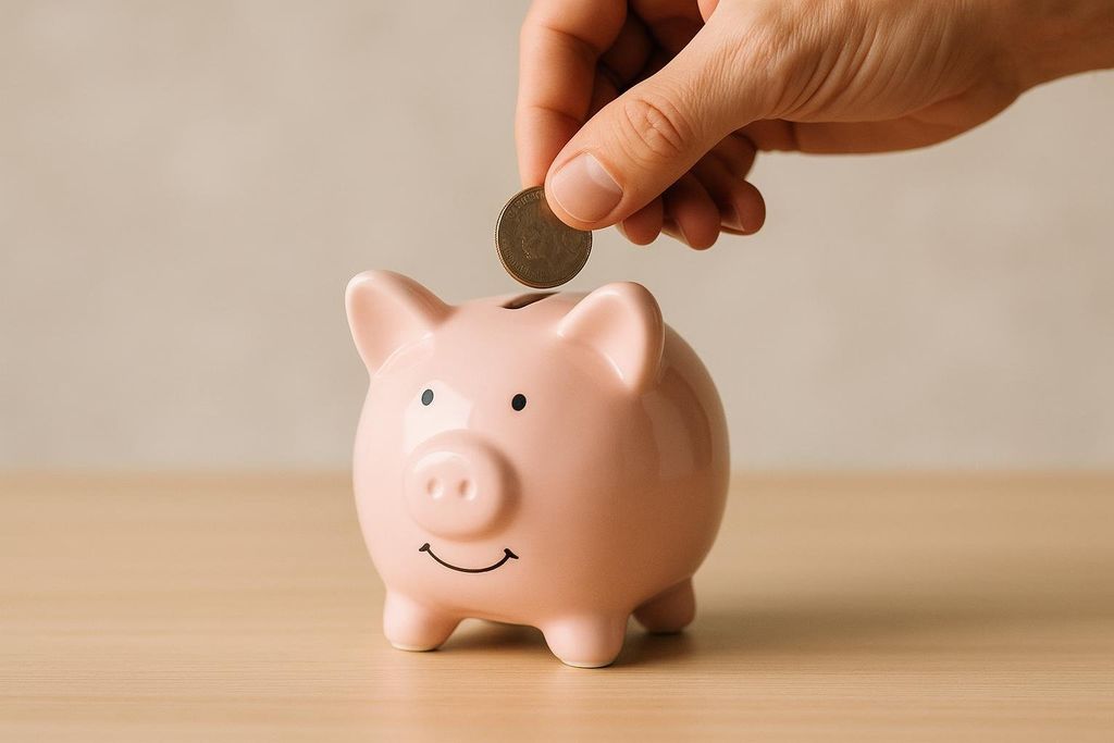 A close-up shot of a hand placing a coin into the slot of a pink ceramic piggy bank with a smiling face drawn on it, set against a neutral background.