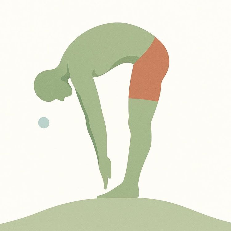 An illustration of a person with green skin and red shorts bending forward with their back rounded, reaching towards the ground. A small blue circle is near their head.
