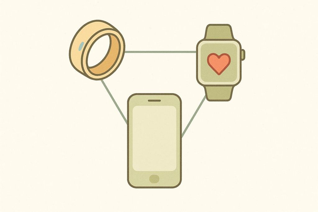 An illustration showing a smart ring and a smart watch connected to a smartphone by lines, symbolizing their data connection. The smart watch displays a heart icon.