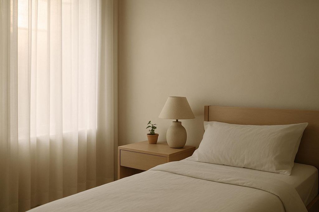 A serene bedroom featuring a neatly made bed with white bedding, a wooden headboard, and a matching bedside table with a lamp and a small potted plant. Soft morning light filters through a sheer white curtain on the left.