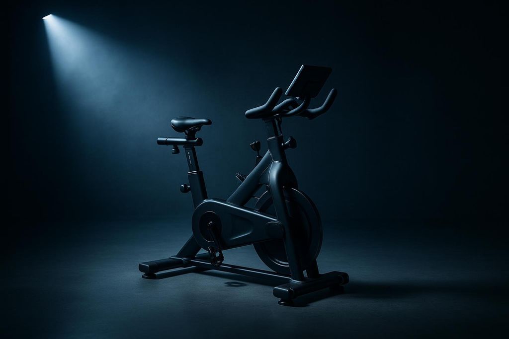 A stationary indoor cycling bike under a spotlight