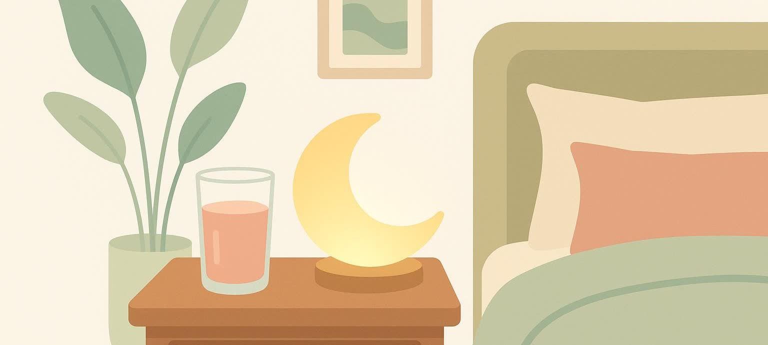 An illustration of a cozy bedside table with a plant, a glass of pink liquid (mocktail), and a crescent moon-shaped lamp, next to a bed with a coral pillow and green duvet.