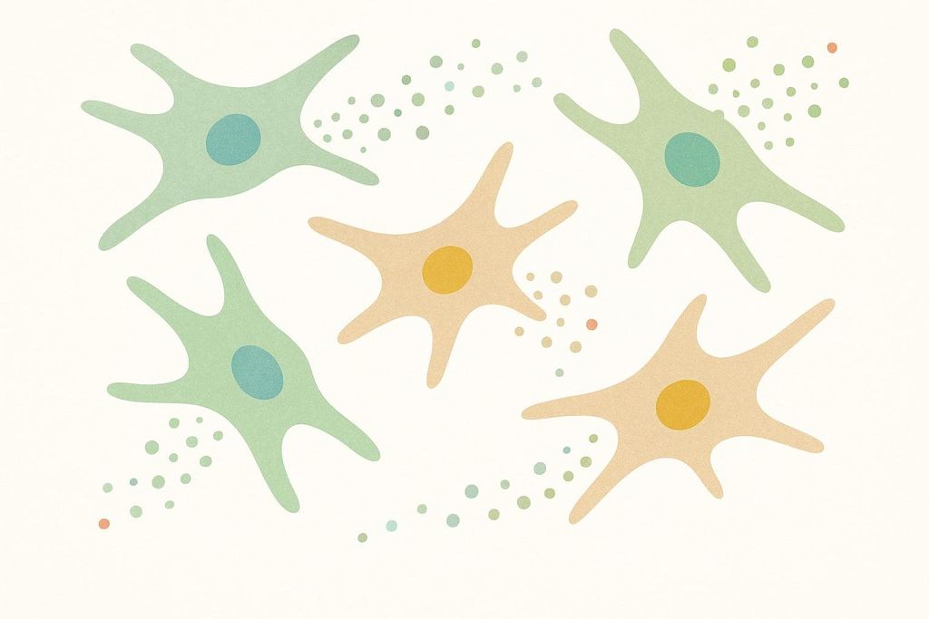 An abstract illustration depicting several star-shaped fibroblast cells, some light green with teal centers and others tan with yellow centers. Small green, blue, and tan dots are scattered around the cells, symbolizing collagen production.