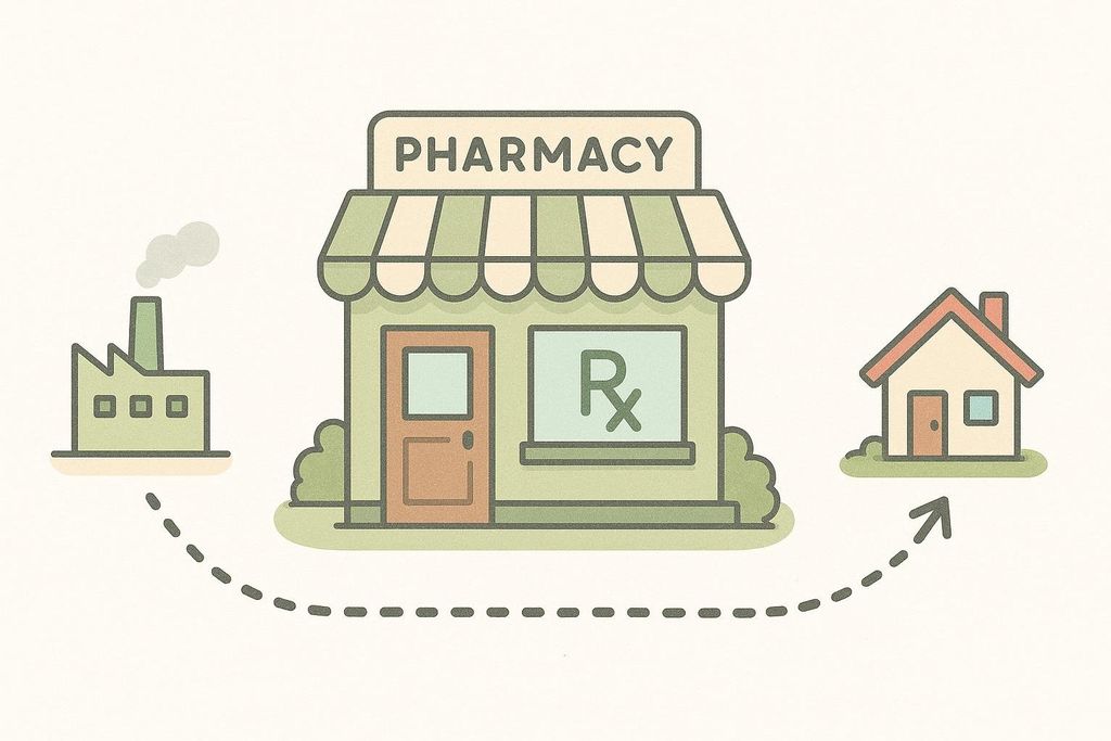 Illustration showing a direct delivery route from a factory building to a house, bypassing a pharmacy store in between. A dotted line with an arrow indicates the path.