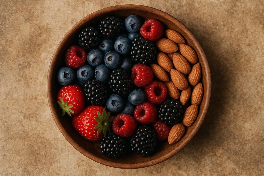 A rustic wooden bowl filled with a colorful mix of fresh berries including bright red strawberries, dark blueberries, juicy raspberries, and plump blackberries, alongside a neatly sectioned pile of whole almonds, all arranged on a warm, textured background.
