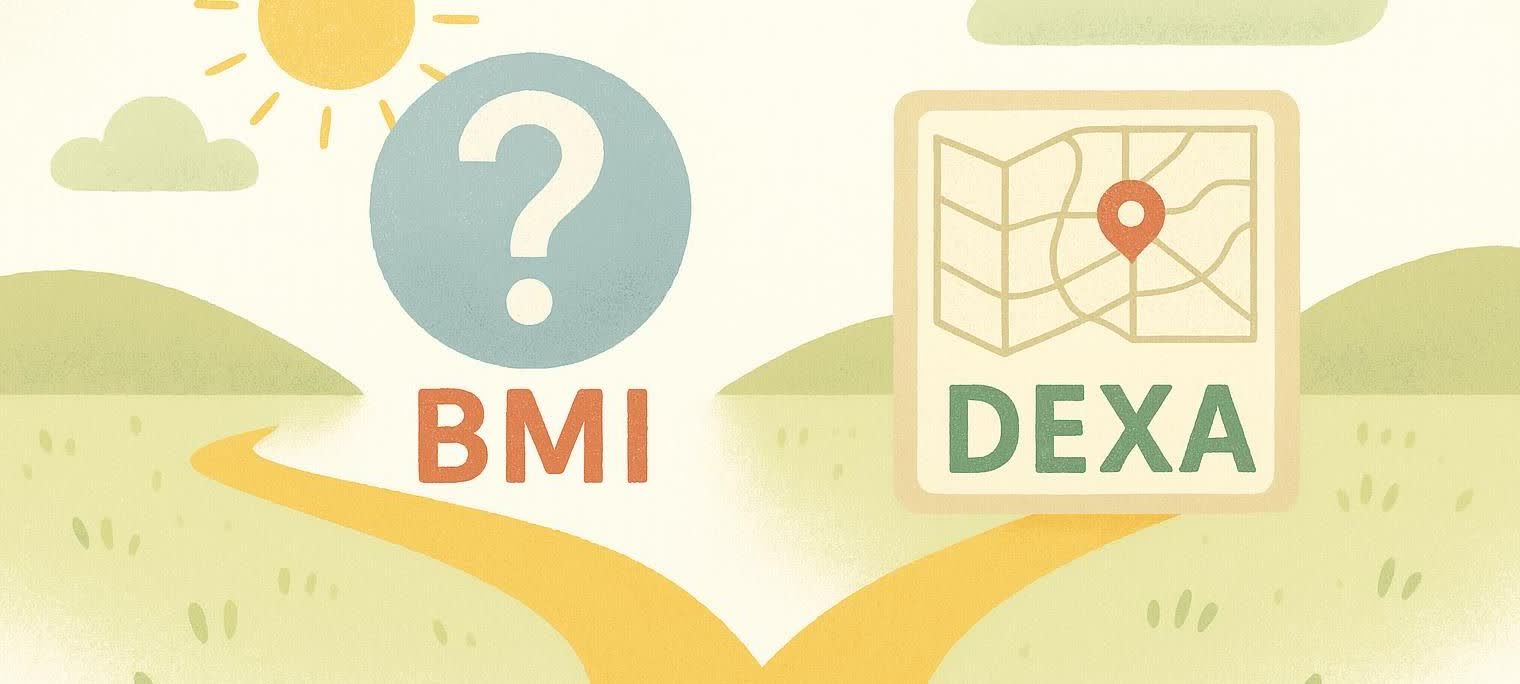 A road splits, with one path leading to a blue question mark above the letters 'BMI', and the other path leading to a roadmap with a location pin above the letters 'DEXA'.