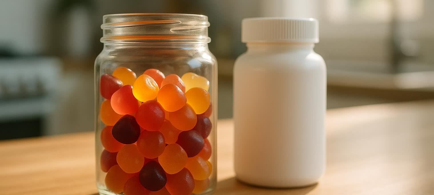 A decorative jar of gummy vitamins next to a clinical white pill bottle