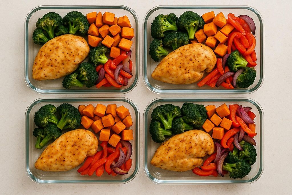 Four clear glass meal prep containers, each holding a seasoned chicken breast, steamed broccoli florets, diced sweet potatoes, and sliced red peppers with red onion. The meals are arranged for batch cooking.