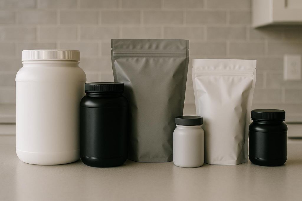 Five different generic supplement containers, including jars and pouches in white, black, and gray, are lined up on a counter in a kitchen setting. They represent the variety of weight gain supplements available.