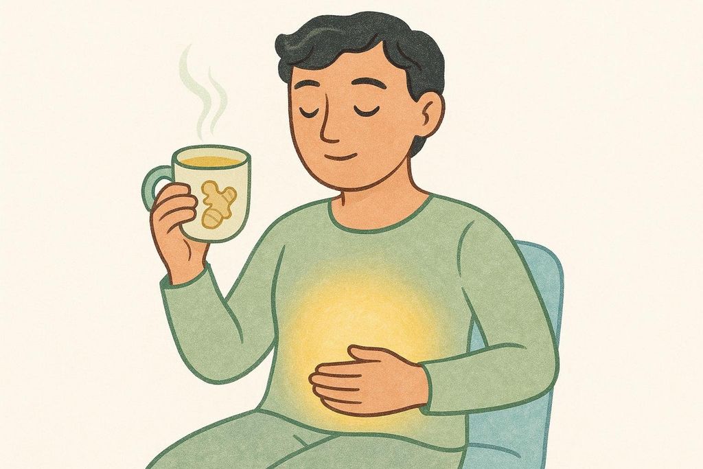 An illustration of a person with dark hair, wearing green pajamas, holding a mug of steaming ginger tea with a ginger root design. Their eyes are closed peacefully, and a yellow glow radiates from their stomach area, suggesting comfort and relief from nausea.