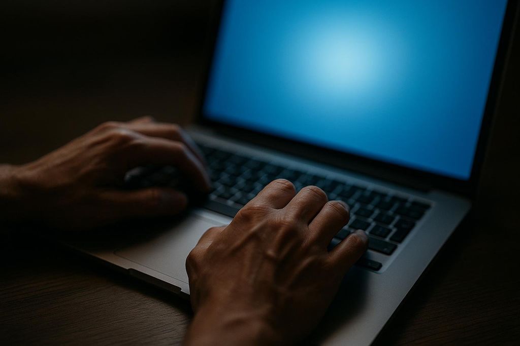 Close-up of hands typing on a laptop keyboard in a dimly lit room, with the laptop screen glowing blue.