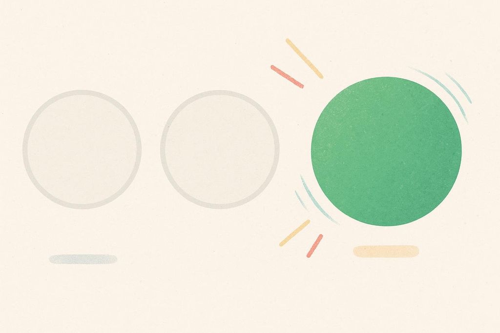 An illustration showing two faint open circles followed by a large, bright green circle with lines radiating from and around it, symbolizing visible results appearing around Month 3 with Wegovy.