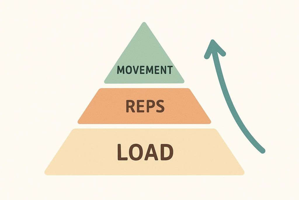 A pyramid diagram illustrates the CrossFit scaling priority: 'LOAD' at the base, then 'REPS' in the middle, and 'MOVEMENT' at the top, emphasizing that load takes priority over repetitions, and both take priority over movement for scaling workouts.