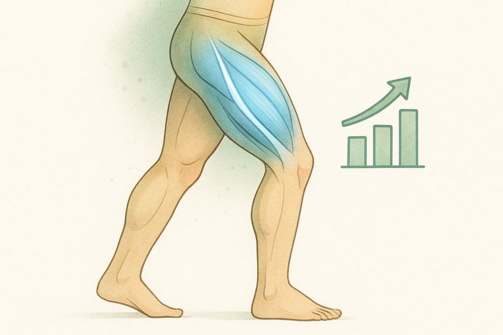 An illustration showing a human leg from the hip down. The quadriceps muscle in the thigh is highlighted in blue, representing muscle. To the right of the leg, a bar graph with an upward-pointing arrow symbolizes growth or increase. The overall image suggests monitoring or growth of the quadriceps muscle.