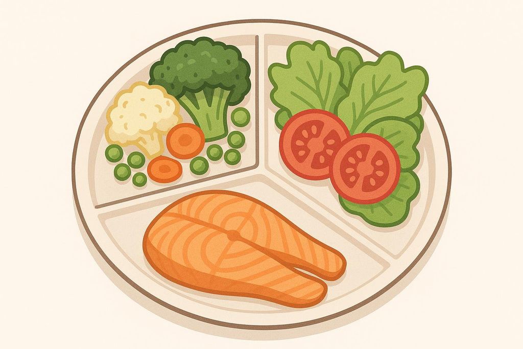 An illustration of a segmented plate containing a balanced healthy meal. One section has two salmon fillets, another has a salad with lettuce and sliced tomatoes, and the third section contains mixed cooked vegetables including broccoli, cauliflower, carrots, and peas.