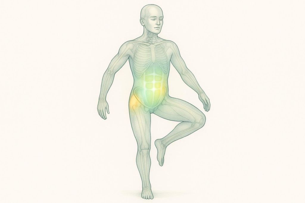An anatomical illustration showing a human figure in a single-leg stance. The core and hip stabilizer muscles are highlighted with glowing yellow and green areas, indicating their activation to maintain balance.