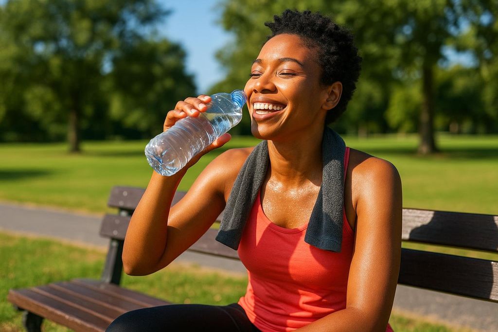 A young woman, wearing athletic attire and a towel around her neck, sits on a park bench and happily sips water from a bottle. Her skin appears sweaty and shiny, suggesting she has just finished an exercise session.