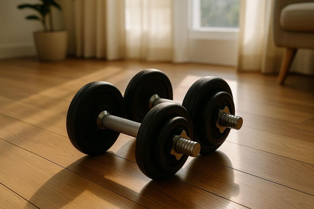 A pair of adjustable dumbbells resting on a polished wooden floor in a well-lit home, with sunlight casting shadows through a window in the background.