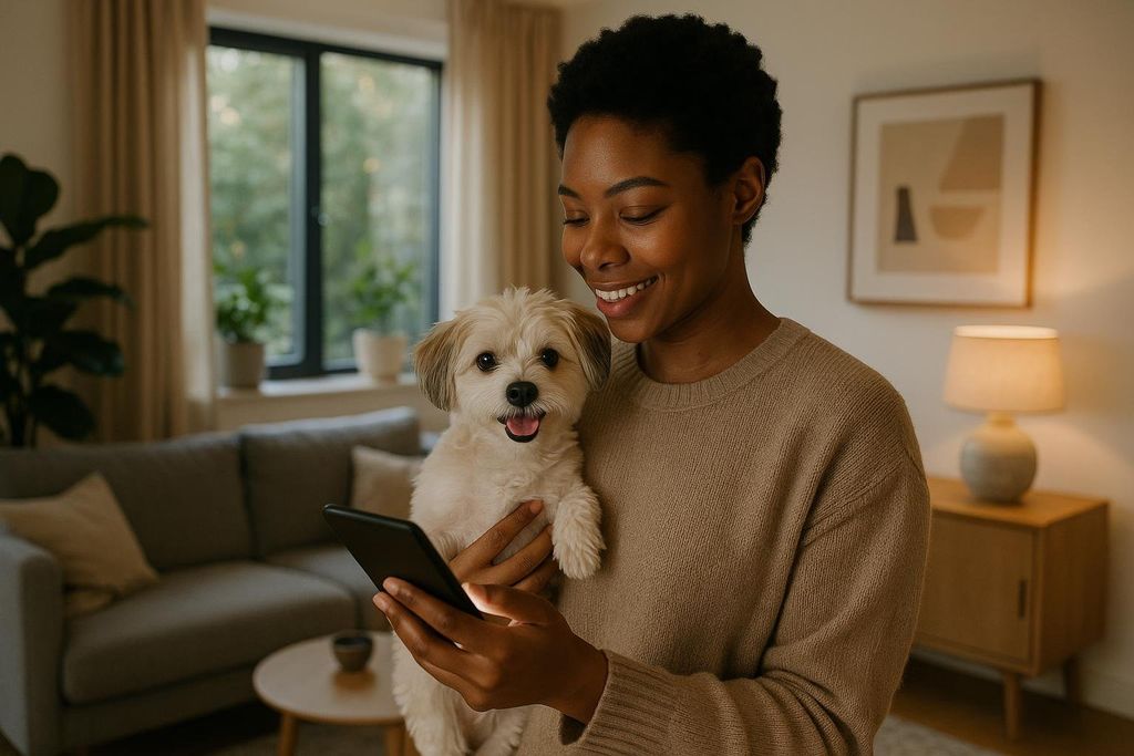 Person holding a small dog while interacting with a smartphone app in a living room.