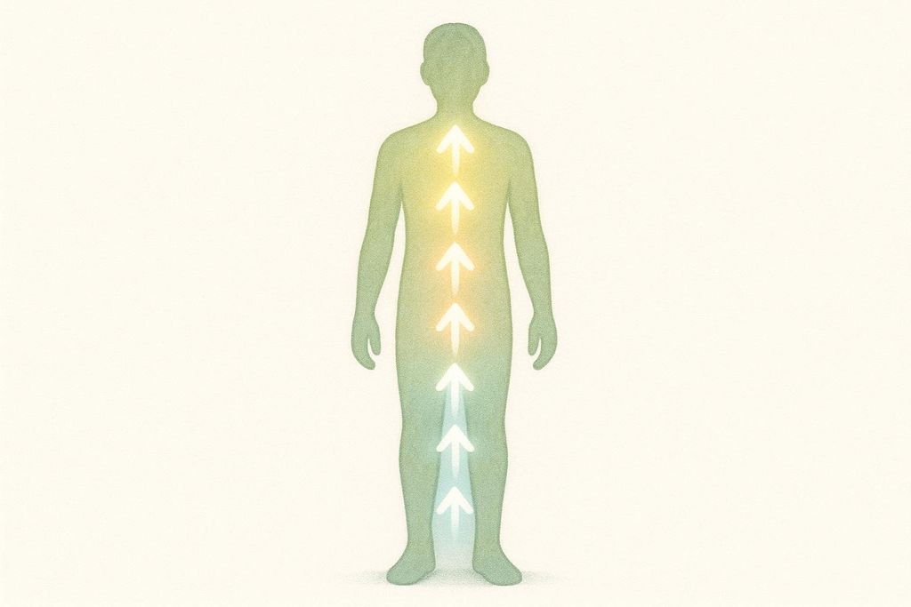 Illustration of arrows moving up a human silhouette, transitioning from blue at the feet to yellow at the head, representing TRE's bottom-up approach to stress release.
