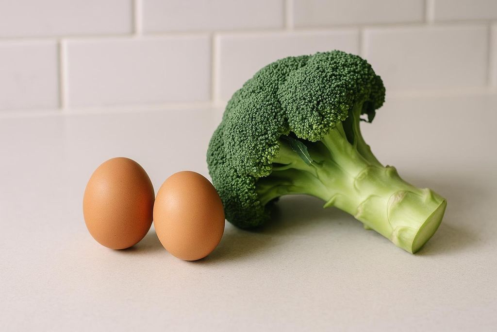 Two brown eggs sit next to a head of green broccoli on a light-colored kitchen counter with a white subway tile backsplash.