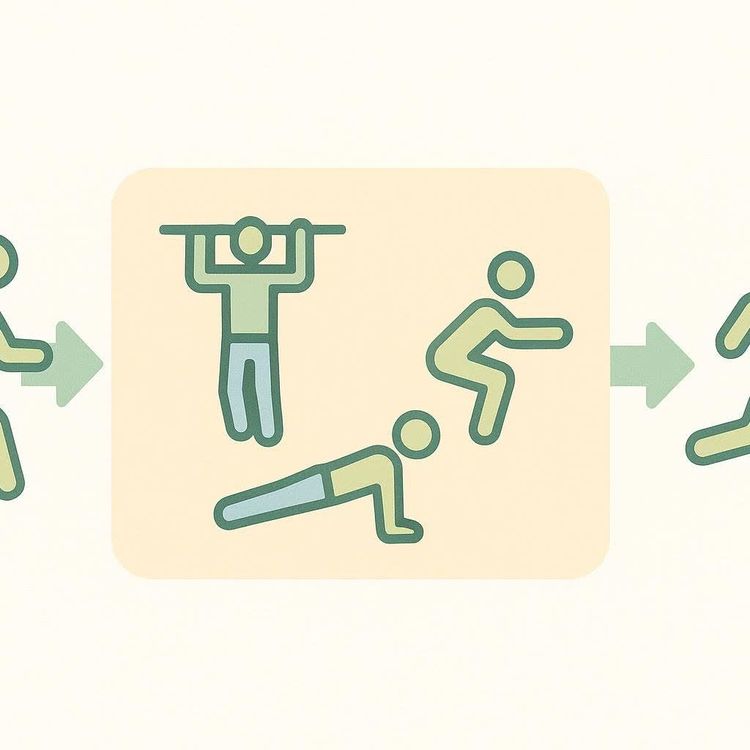 A simple graphic illustrating the structure of the Murph workout: a run segment, followed by bodyweight exercises (pull-ups, push-ups and squats) within a highlighted box, followed by another run segment.