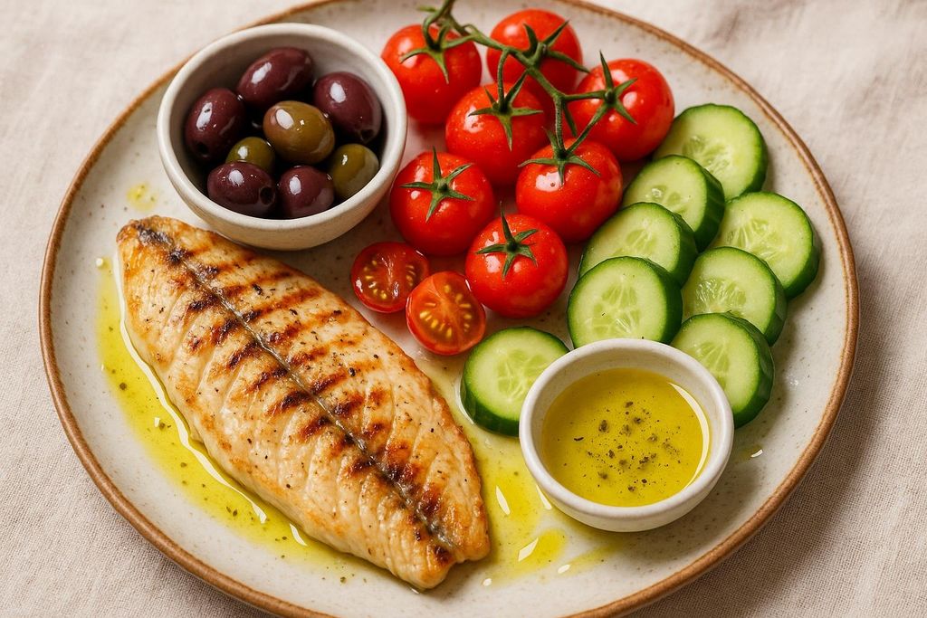 A close-up shot of a Mediterranean platter featuring a grilled fish fillet, a bowl of mixed olives, cherry tomatoes on the vine, sliced cucumbers, and a small dish of olive oil. The plate is light brown and sits on a neutral-colored linen tablecloth.