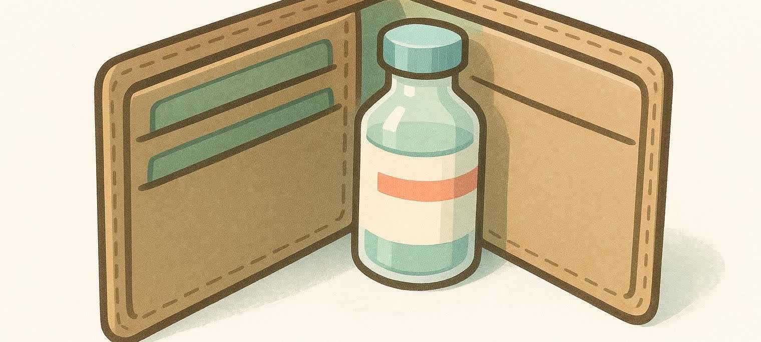 A balance scale weighing a molecule against a stack of money.